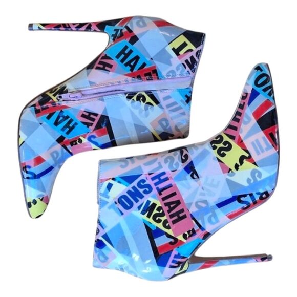 Pazzle Colorful high heels Stiletto Booties women's sz 10 Pink Yellow Blue Print - Picture 5 of 16